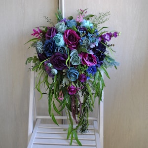 Deep purple teal magenta blue bouquet, Jewel tone wedding, Fall bridal bouquet