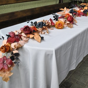 Burgundy orange wedding garland, Fall wedding flower garland, Floral centerpiece