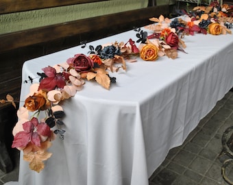 Burgundy orange wedding garland, Fall wedding flower garland, Floral centerpiece