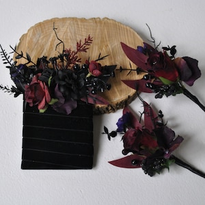Black burgundy pocket boutonniere, Gothic wedding, Black boutonniere for men