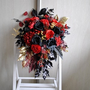 Black red gold cascading bouquet, Gothic wedding bouquet, Halloween wedding bouquet image 3