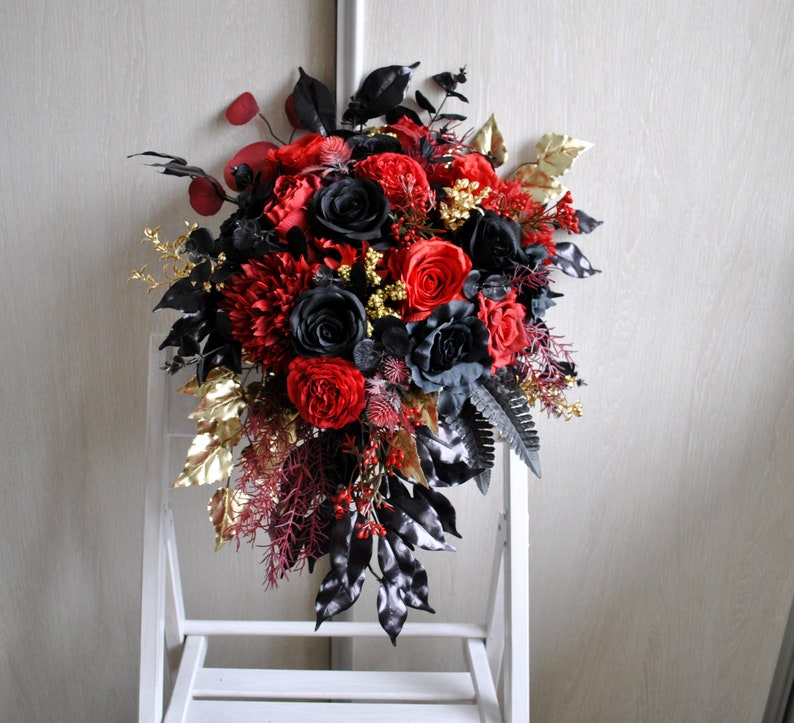 Black red gold cascading bouquet, Gothic wedding bouquet, Halloween wedding bouquet image 3