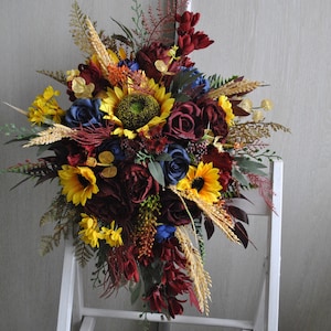 Sunflower rustic bridal bouquets, Fall wedding, Cascading bouquet, Boho wedding flowers