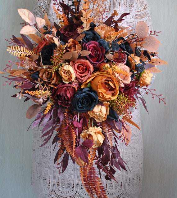 Rust Teal Burgundy Wedding Bouquet, Cascading Bouquet, Fall