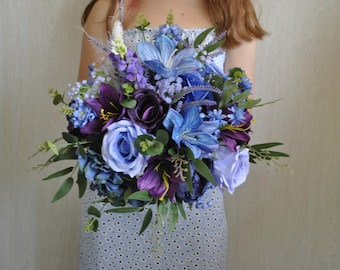 Purple Lily Wedding Bouquet: Boho Bridal Lavender Roses