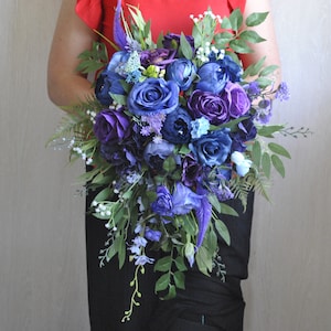 Dark purple blue wedding bouquet,  Cascading bouquet, Fall wedding bridal bouquet