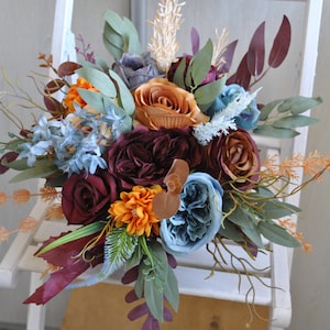 Teal burgundy rust orange bouquet, Bridal bouquet, Fall wedding bouquet