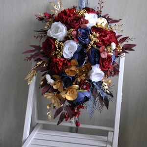 Burgundy navy wedding bouquet, Fall wedding flowers, Cascading bouquet