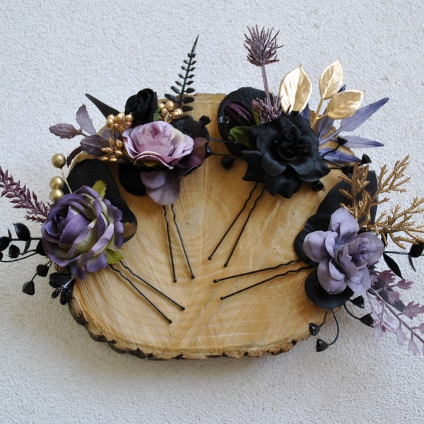 Purple black hair pins, Wedding hair piece, Gothic wedding hair accessories