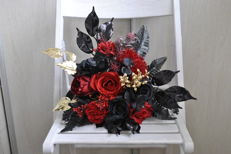 Black red gold cascading bouquet, Gothic wedding bouquet, Halloween wedding bouquet image 7