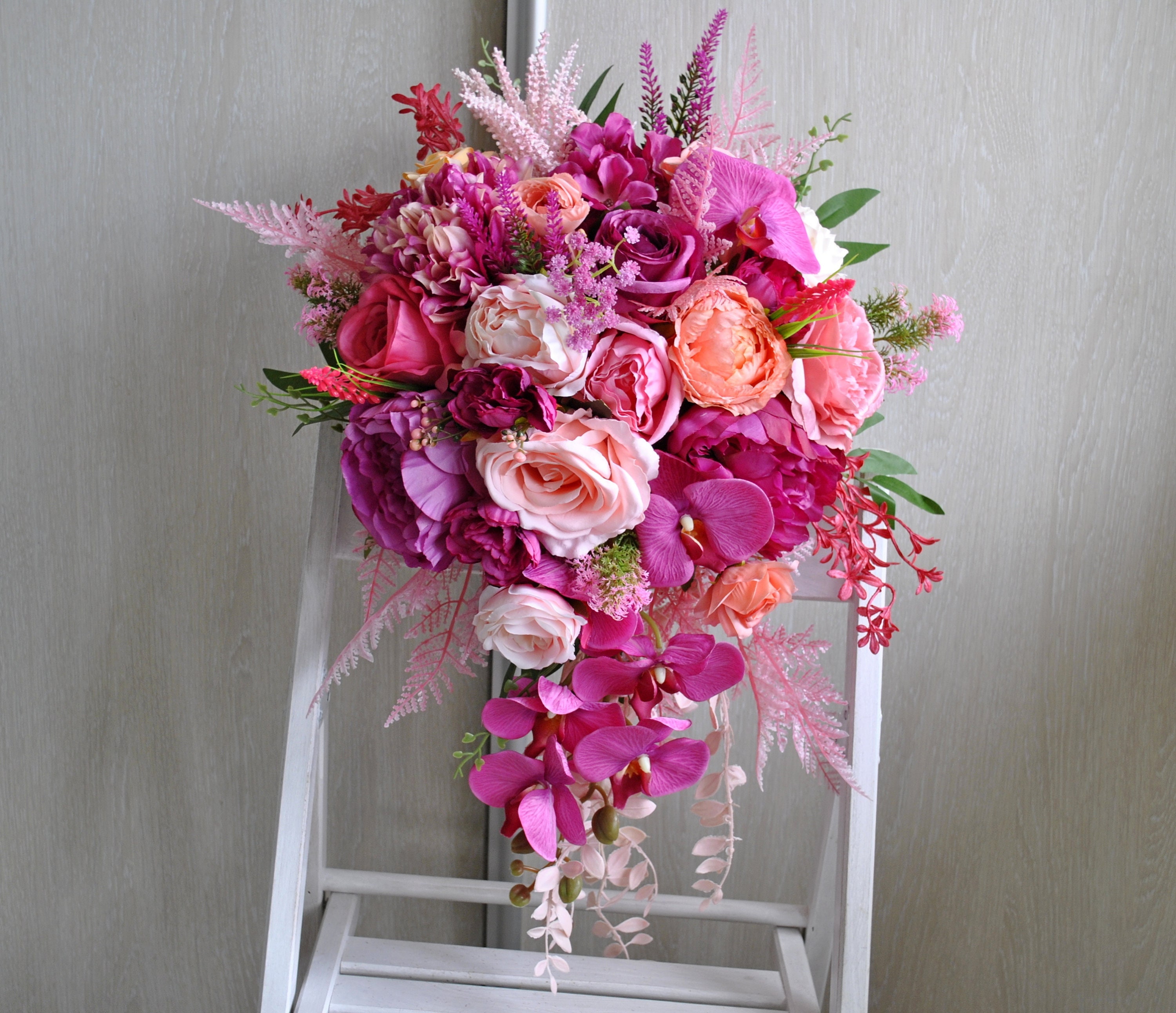 【希少品】BEAUTIFUL WEDDING FLOWERS Jewel Tone Bouquet, Hot Pink Peach Magenta Wedding Flowers