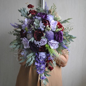Burgundy lavender wedding bouquet, Fall bridal bouquet, Burgundy wedding