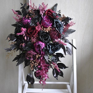 Black purple cascading bouquet, Gothic bouquet, Halloween mood bouquet