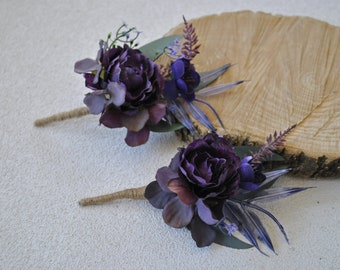 Dark purple boutonniere for men, Gothic wedding, Wedding buttonhole