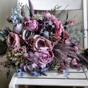 Dusty purple wedding bouquet, Cascading bouquet, Fall wedding