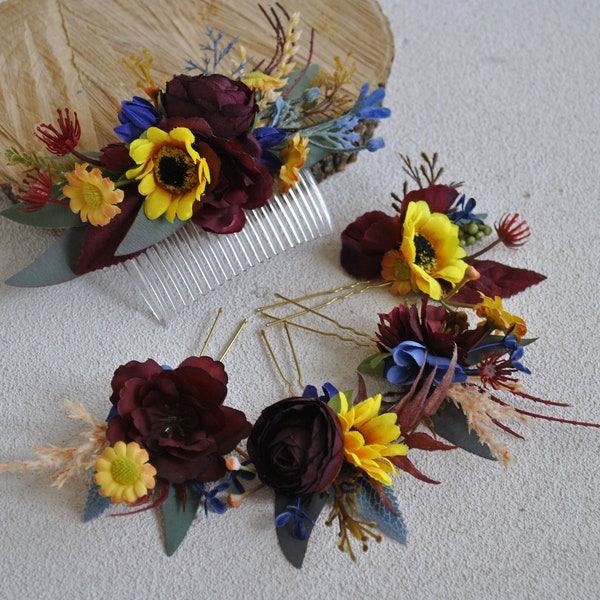 Burgundy sunflower flower hair pins, Fall wedding hair pins, Bridal hairpiesce, Flower accessories