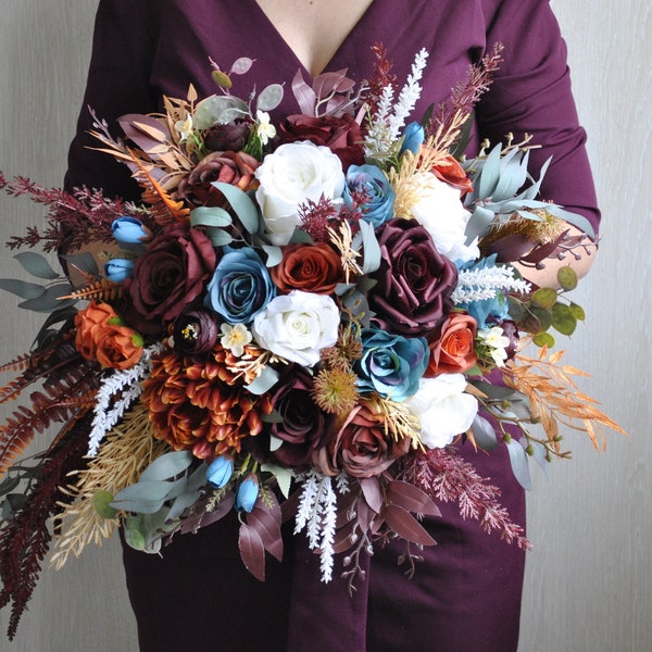 Cascading bridal bouquet, Teal burgundy wedding bouquet, Fall wedding flowers