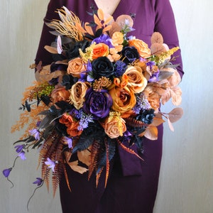 Purple black wedding bouquet, Gothic wedding, Fall wedding, Cascading bouquet