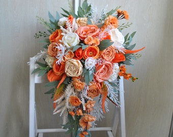 Burnt orange bouquet, Fall  wedding, Cascading bouquet, Boho bouquet