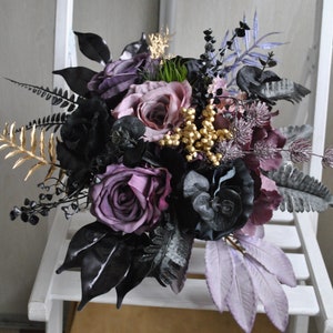 Purple gold black bouquet,  Gothic wedding bouquet, Halloween wedding, Bridal bouquet