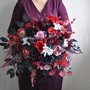 Gothic wedding bouquet, Black burgundy red cascading bouquet, Halloween wedding