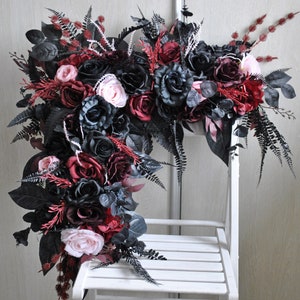 Black burgundy flower corner swag , Flower arch arrangement, Gothic wedding, Halloween wedding