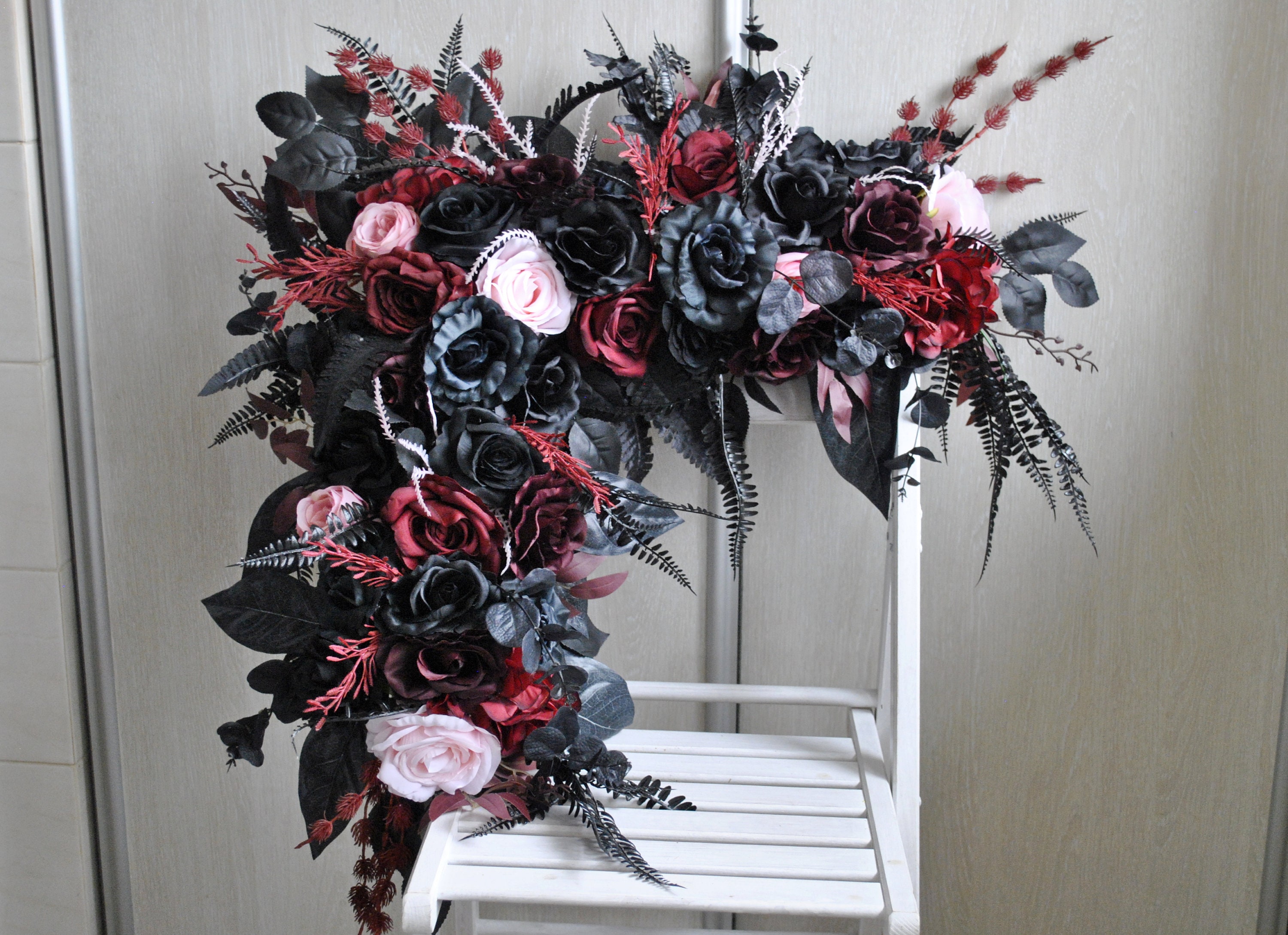 Black burgundy flower corner swag , Flower arch arrangement, Gothic wedding, Halloween wedding