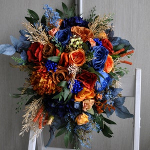 Cascading bouquet, Blue orange brtidal bouquet, Rust navy blue flowers, Fall wedding bouquet