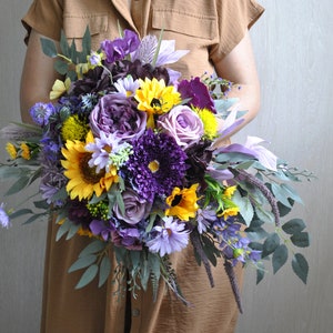 Purple Sunflower Wedding Bouquet: Rustic Summer Wildflower Arrangement