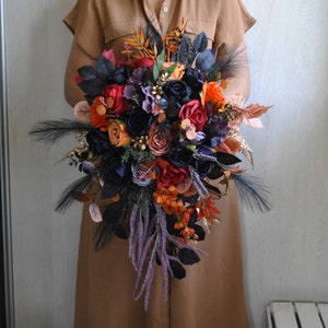 Purple black orange wedding bouquet, Gothic wedding flowers bouquet, Cascading bouquet, Halloween wedding