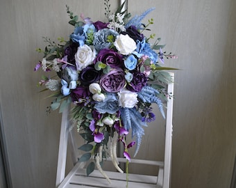 Purple dusty blue wedding bouquet, Fall bridal bouquet, Cascading bouquet, Boho wedding