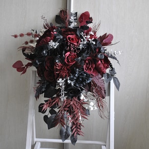 Burgundy silver black bridal bouquet, Gothic wedding bouquet,  Halloween wedding