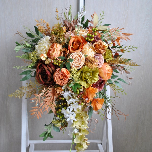 Rust terracotta wedding bouquet, Cascading bouquet,  Fall wedding bridal bouquet