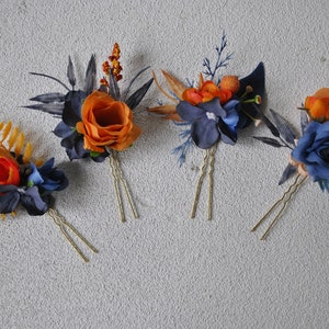 Burnt orange navy flower hair pins, Fall wedding hair pins, Fall boutonniere for men