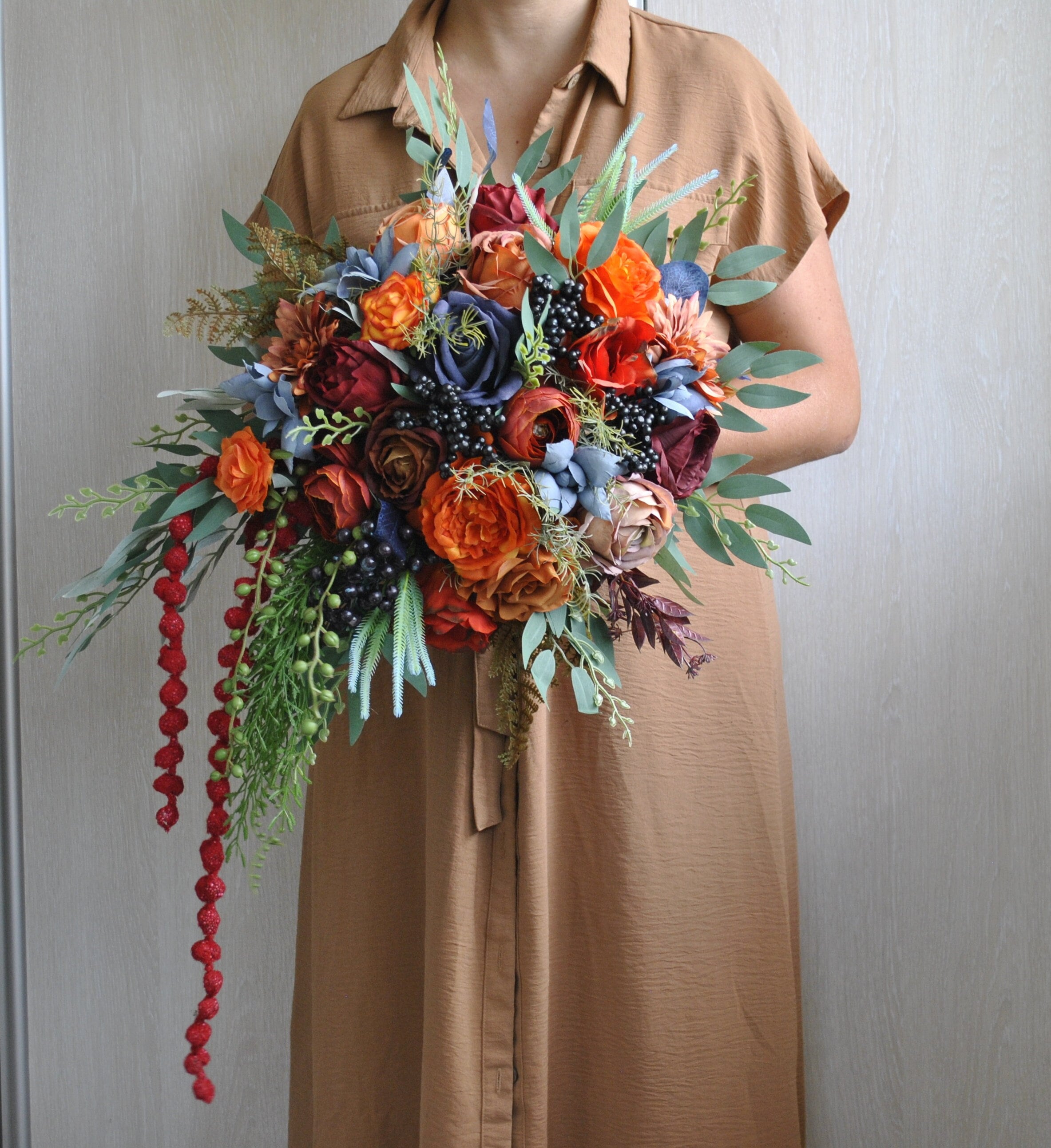 Navy Blue Orange Wedding Bouquet Silk Fall Bridal