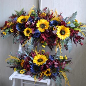 Burgundy sunflower arch arrangement, Fall wedding, Arch flowers ,Wedding arch swag