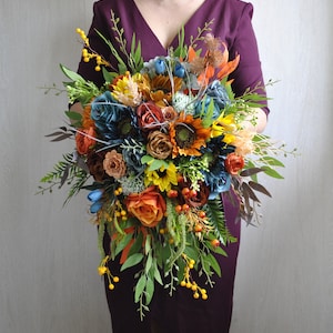 Dark teal rust orange bridal bouquet, Sunflower bouquet, Fall rustic wedding, Summer wedding