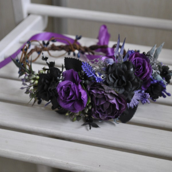 Black purple flower crown, Gothic wedding crown, Halloween hair crown