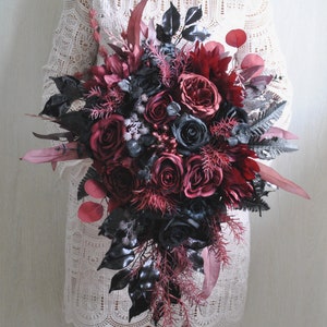 Gothic wedding bouquet, Burgundy black cascading bouquet, Halloween wedding bouquet