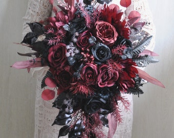 Gothic wedding bouquet, Burgundy black cascading bouquet, Halloween wedding bouquet