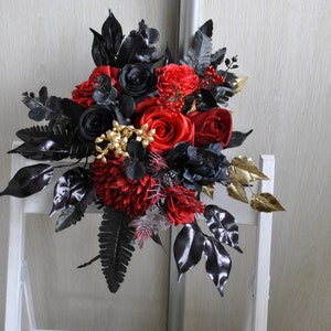 Black red gold cascading bouquet, Gothic wedding bouquet, Halloween wedding bouquet Bridesmaid 9''