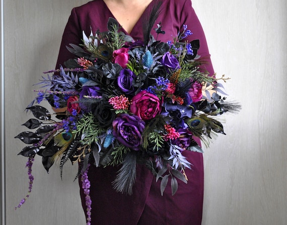 Jewel tone bridal bouquet, Gothic wedding bouquet, Cascading bouquet,  Halloween wedding