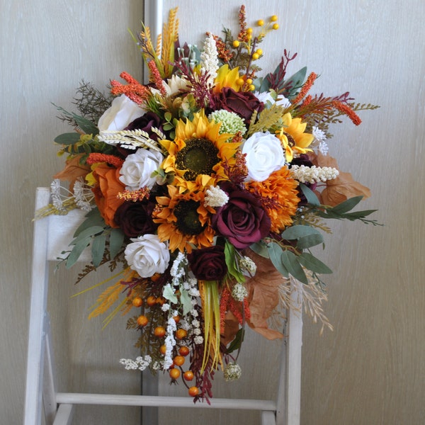 Sunflower rustic bridal bouquets, Fall wedding, Cascading bouquet, Boho wedding flowers