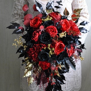 Black red gold cascading bouquet, Gothic wedding bouquet, Halloween wedding bouquet image 2