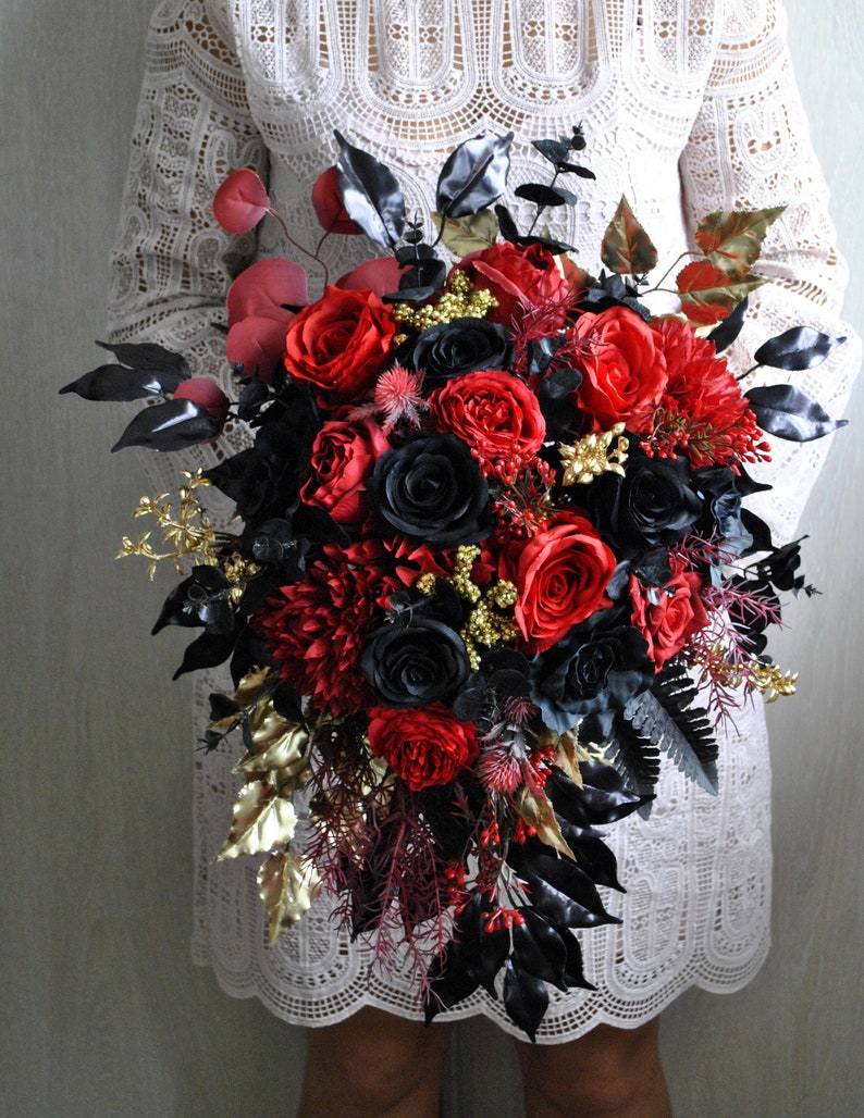 Black red gold cascading bouquet, Gothic wedding bouquet, Halloween wedding bouquet image 2