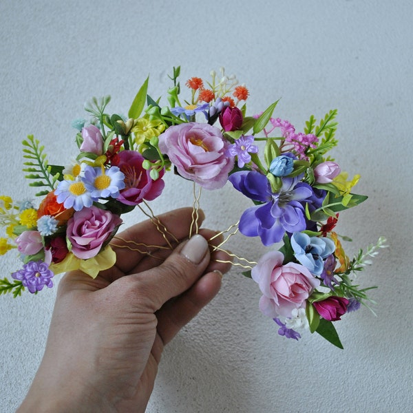 Colorful flower hair pins, Jewel tone wedding, Wildflowers bridal hair accessories, Summer hair pins