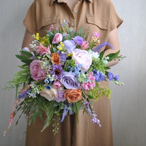 Wildflower bridal bouquet, Lavender  pink peach blue bouquet, Jewel tone bouquet, Colorful  bouquet