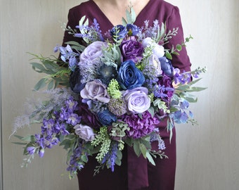 Purple blue wedding bouquet, Lavender bouquet, Cascading bridal bouquet boho, Fall wedding