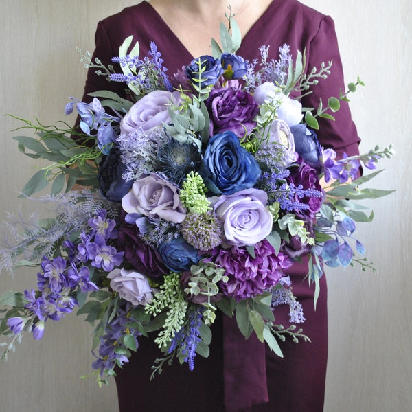 Purple blue wedding bouquet, Lavender bouquet, Cascading bridal bouquet boho, Fall wedding