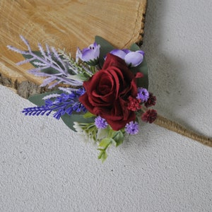 Burgundy purple boutonniere for men, Lavender wedding, Groom groomsman buttonhole
